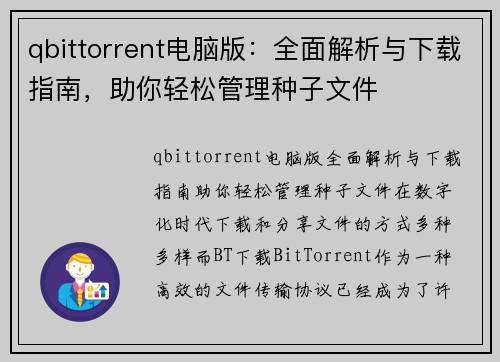 qbittorrent电脑版：全面解析与下载指南，助你轻松管理种子文件